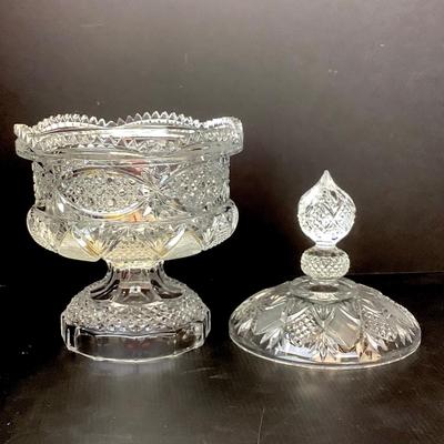 Lot 634  Vintage Clear Crystal Tall/Large, Heavy Pedestal/Lidded Candy Dish & Antique U.S. Glass Daisy/Pickle Dish EAPG