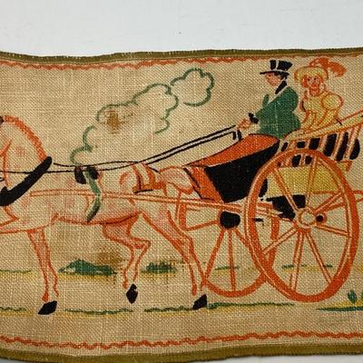 Vintage Linen Art Panel Couple in Horse Drawn Carriage Signed in Corner