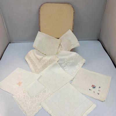 Vintage Quilted Scarf Box with Variety of White Hanky Pocket Scarves Squares