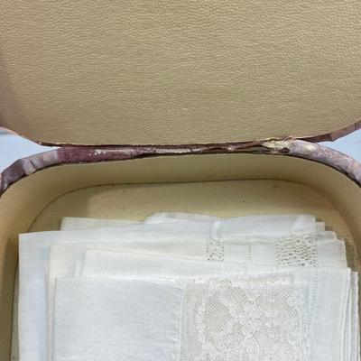 Vintage Quilted Scarf Box with Variety of White Hanky Pocket Scarves Squares
