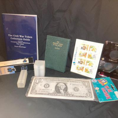 GRACO BANK PRODUCTS MONEY BAG, CANADIAN DISNEY BOOK OF STAMPS, BUNCHES OF COLLECTIBLE COIN HOLDERS AND MORE!