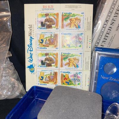 GRACO BANK PRODUCTS MONEY BAG, CANADIAN DISNEY BOOK OF STAMPS, BUNCHES OF COLLECTIBLE COIN HOLDERS AND MORE!