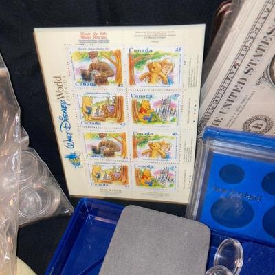 GRACO BANK PRODUCTS MONEY BAG, CANADIAN DISNEY BOOK OF STAMPS, BUNCHES OF COLLECTIBLE COIN HOLDERS AND MORE!