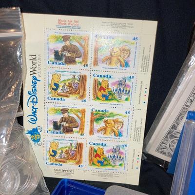 GRACO BANK PRODUCTS MONEY BAG, CANADIAN DISNEY BOOK OF STAMPS, BUNCHES OF COLLECTIBLE COIN HOLDERS AND MORE!