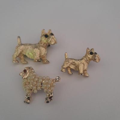 Three Dog pins Schnauzers and poodle with faux pearl curls