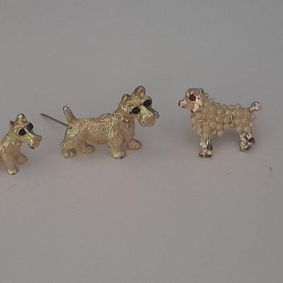 Three Dog pins Schnauzers and poodle with faux pearl curls