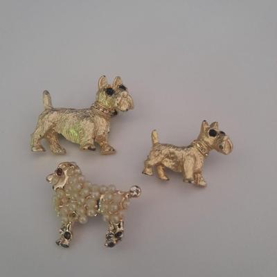 Three Dog pins Schnauzers and poodle with faux pearl curls