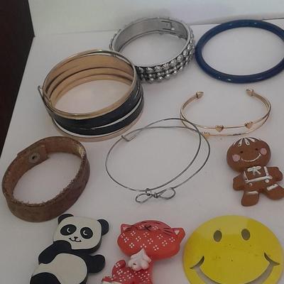Collection of fun pins and Bracelets