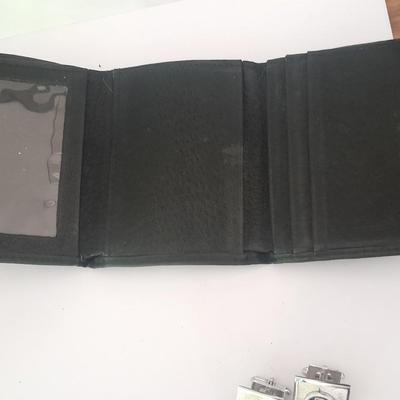 Denver Bronco's cuff links, Bronco's Kodak official film of NFL hat pin, and a black leather wallet