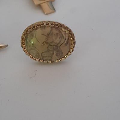 Tour Fossil'd Marked Cuff links, two tie clips, one marked Swank and shell charms.