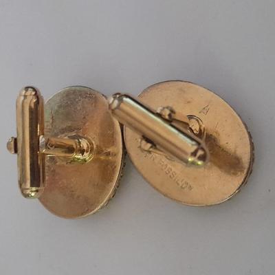 Tour Fossil'd Marked Cuff links, two tie clips, one marked Swank and shell charms.