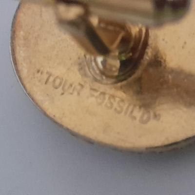 Tour Fossil'd Marked Cuff links, two tie clips, one marked Swank and shell charms.