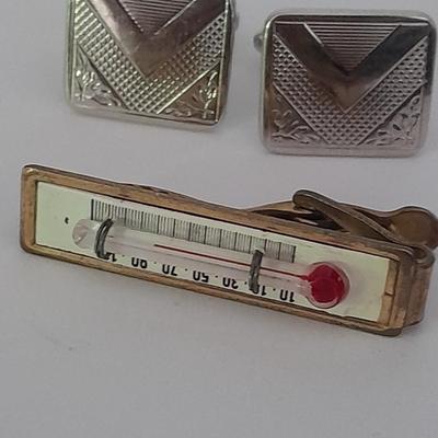 Cuff links and tie clips working thermometer tie clip