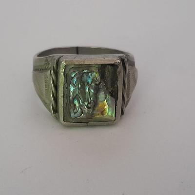 Men's mother of pearl ring, bowling award swank marked tie clips, and cuff links