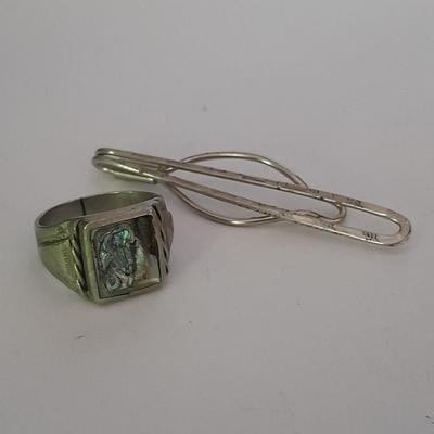 Men's mother of pearl ring, bowling award swank marked tie clips, and cuff links