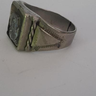 Men's mother of pearl ring, bowling award swank marked tie clips, and cuff links