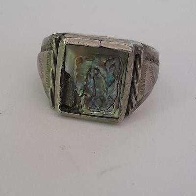 Men's mother of pearl ring, bowling award swank marked tie clips, and cuff links