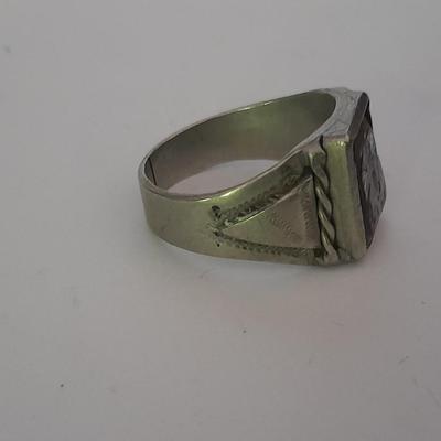 Men's mother of pearl ring, bowling award swank marked tie clips, and cuff links