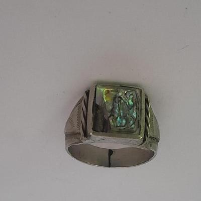 Men's mother of pearl ring, bowling award swank marked tie clips, and cuff links