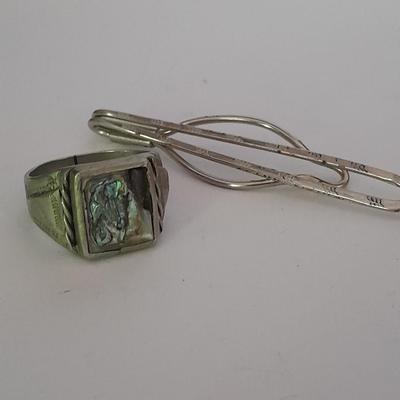 Men's mother of pearl ring, bowling award swank marked tie clips, and cuff links