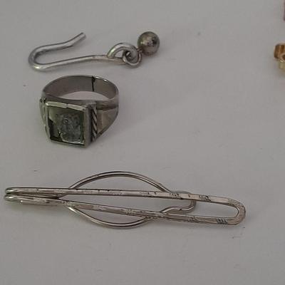 Men's mother of pearl ring, bowling award swank marked tie clips, and cuff links