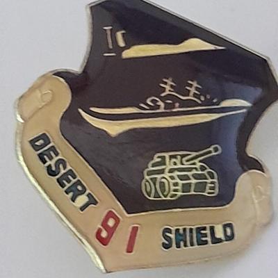 Hat pins, Desert 91 shield, Amway award, Bowling score award, K of C Knights of Columbus