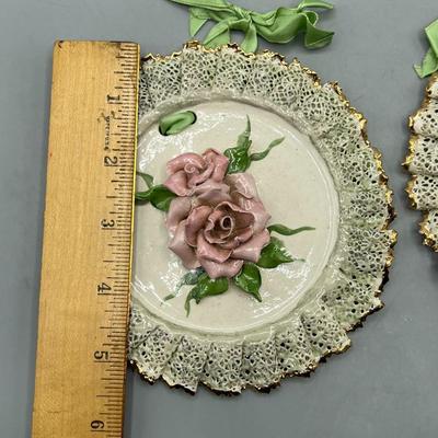 Vintage Hanging Porcelain Ceramic Rose Plates with Lace Like Edge