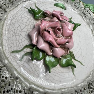 Vintage Hanging Porcelain Ceramic Rose Plates with Lace Like Edge