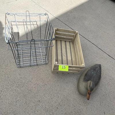 Metal Basket, wood crate & decoy duck