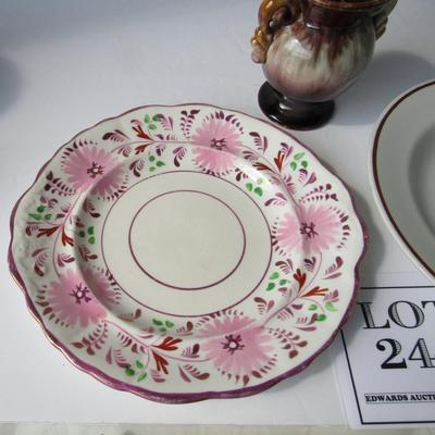 Old Lusterware Plate, Ironstone Tea Leaf Bowl and Smaller Pottery Vase