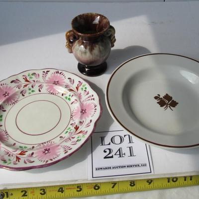 Old Lusterware Plate, Ironstone Tea Leaf Bowl and Smaller Pottery Vase