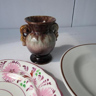 Old Lusterware Plate, Ironstone Tea Leaf Bowl and Smaller Pottery Vase
