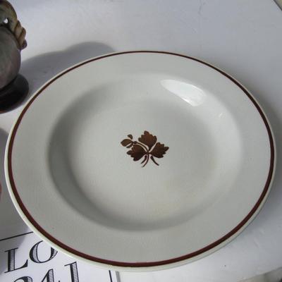 Old Lusterware Plate, Ironstone Tea Leaf Bowl and Smaller Pottery Vase
