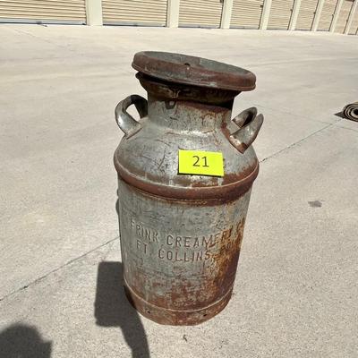 "Frink Fort Collins" Creamer Metal Milk Can Local farm dairy memorabilia