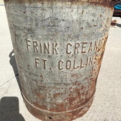 "Frink Fort Collins" Creamer Metal Milk Can Local farm dairy memorabilia