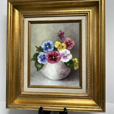 Pansy Painting in Gold Frame signed M. Mitcham