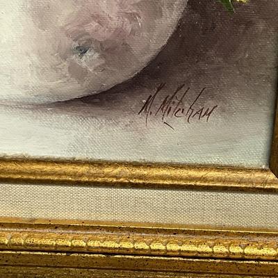 Pansy Painting in Gold Frame signed M. Mitcham