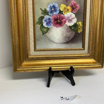 Pansy Painting in Gold Frame signed M. Mitcham