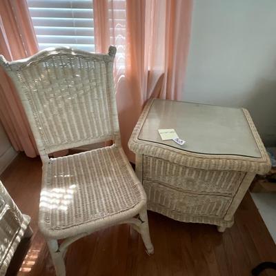 Off White glass top wicker nightstand & chair