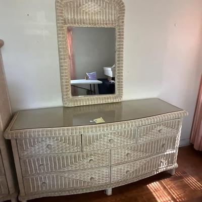 Glass Top Wicker Dresser with Mirror