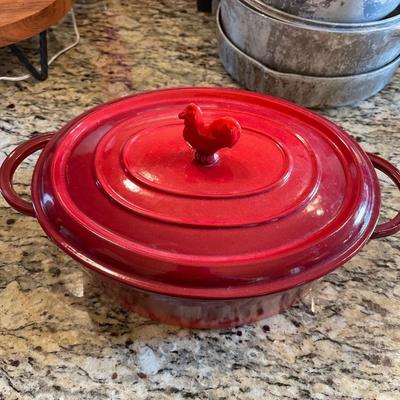 Very heavy red casserole pot with lid. Made in France 14 x 9