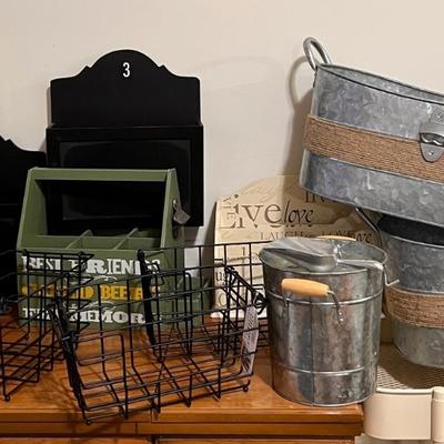 Lot Decorative Containers - Wood Tin Baskets Tubs etc.