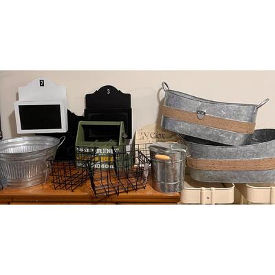 Lot Decorative Containers - Wood Tin Baskets Tubs etc.