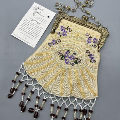 Vintage Victorian Reproduction Beaded Purse Purple Flower with Bead Fringe & Info Card