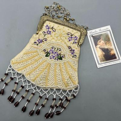 Vintage Victorian Reproduction Beaded Purse Purple Flower with Bead Fringe & Info Card