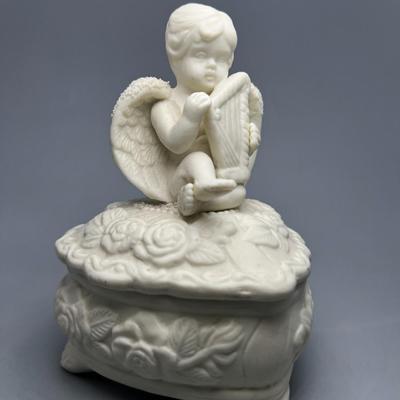 Cherub Trinket Box Heart Angel w/ Lute instrument Roses Jewelry Valentine Porcelain Bisque