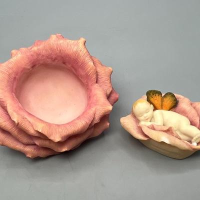 Country Artists Fairy in Center of Rose Bud Trinket Jewelry Box Dish