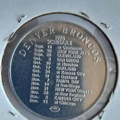 Denver Bronco collectibles, Helmet, Pin back Buttons, and 1976 Schedule Coin
