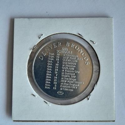 Denver Bronco collectibles, Helmet, Pin back Buttons, and 1976 Schedule Coin