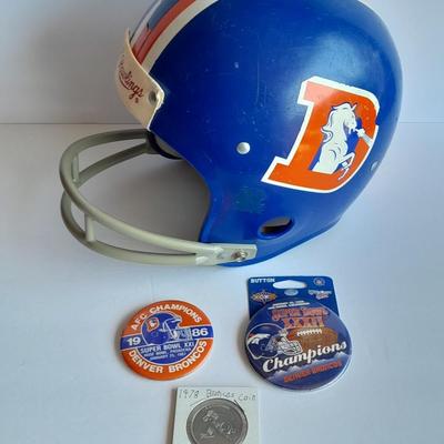 Denver Bronco collectibles, Helmet, Pin back Buttons, and 1976 Schedule Coin